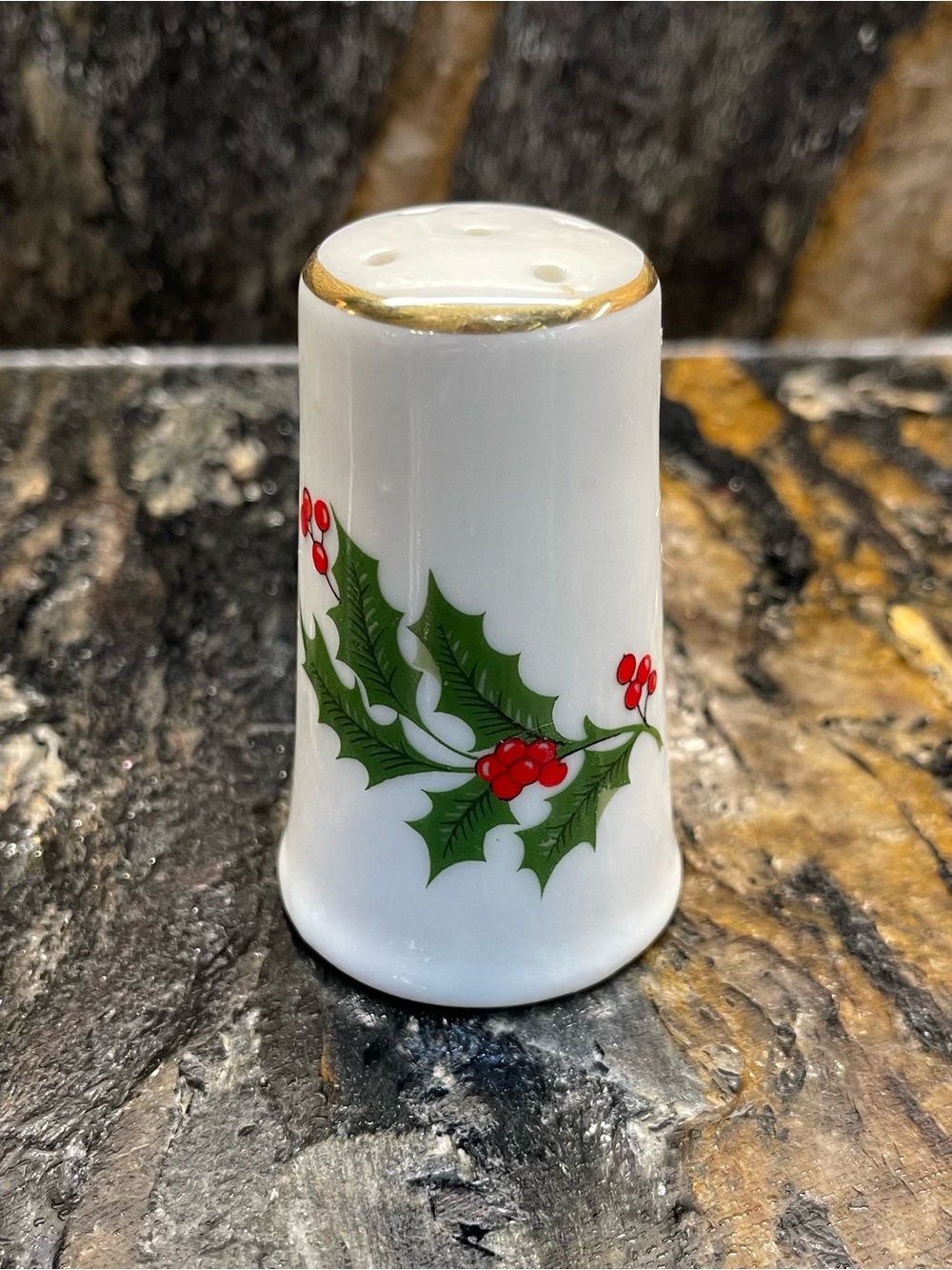 VTG White Holiday Holly Porcelain Salt Shaker with Gold Trim - Replacement